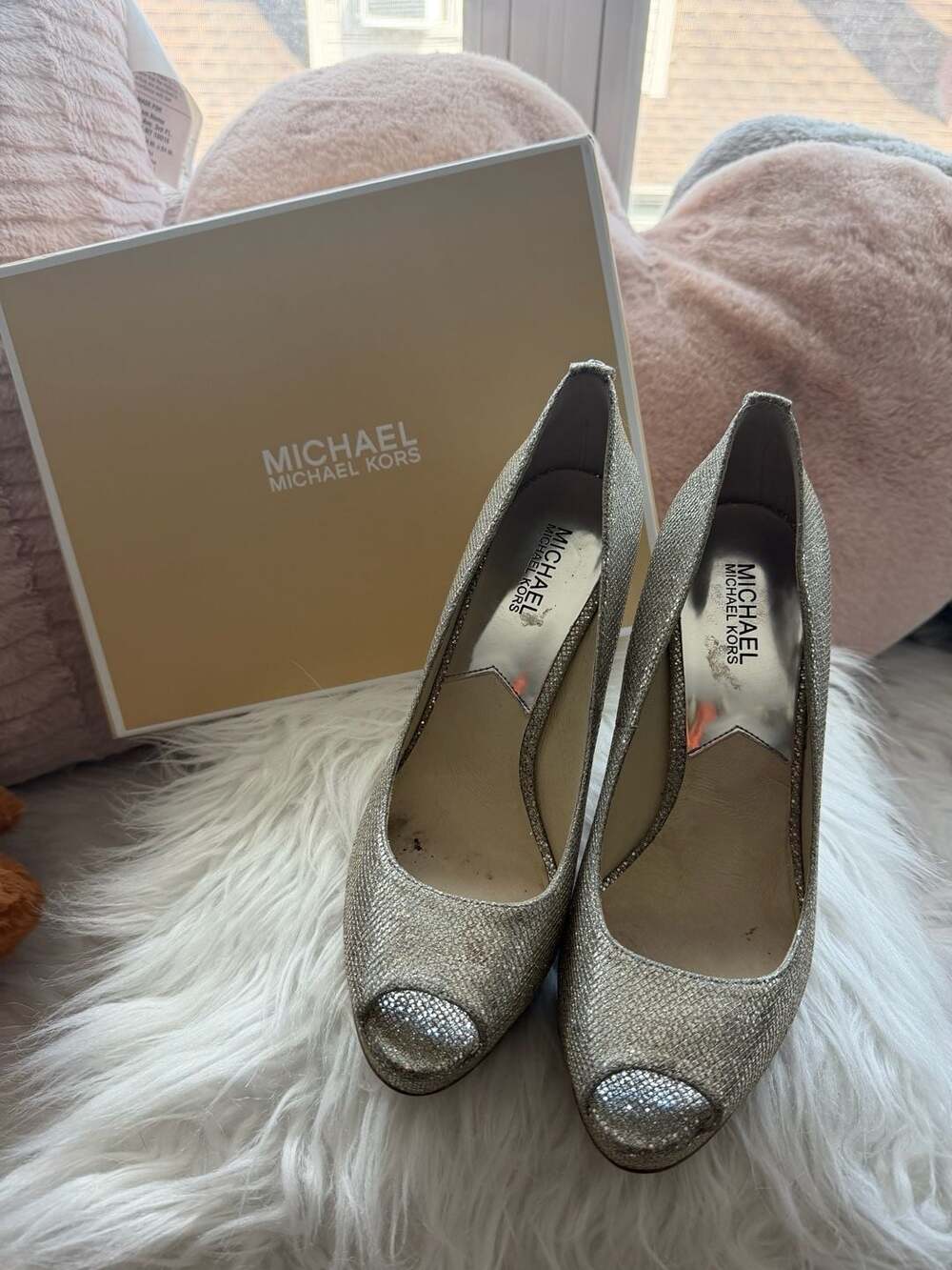 MICHAEL Michael Kors Erika Platform Peep Toe Stiletto Heels in Silver Glitter